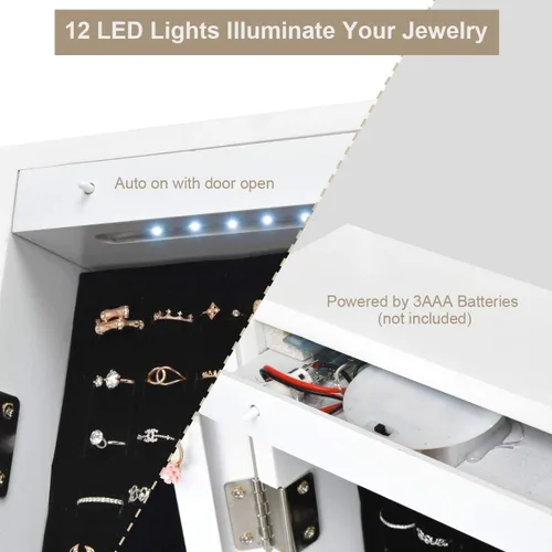 Vista 3 de Byroce Jewelry Armoire - Armario de pared para puerta, organizador de joyas con cerradura con espejo de longitud completa y 12 luces LED, armarios