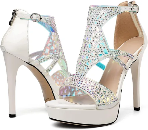 Vista 4 de Eldof Sandalias de tacón alto para mujer, sandalias de plataforma con tiras y puntera abierta, tacones de gladiador recortados con piedras