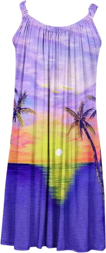 Vista 4 de Aobny Women's Sleeveless Tank Dresses Tropical Print Spaghetti Straps Summer Midi Dress Hawaiian Flowy Swing Beach Sundress