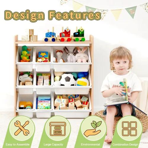 Vista 7 de MallBest Organizador de juguetes para niños con 9 contenedores – Estante de almacenamiento de 4 niveles 100% madera maciza para sala