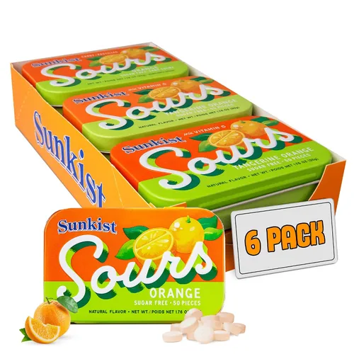 Vista 10 de Sunkist Sours - Caramelos agrios de pomelo sin azúcar, lata de 50 unidades (paquete de 6)