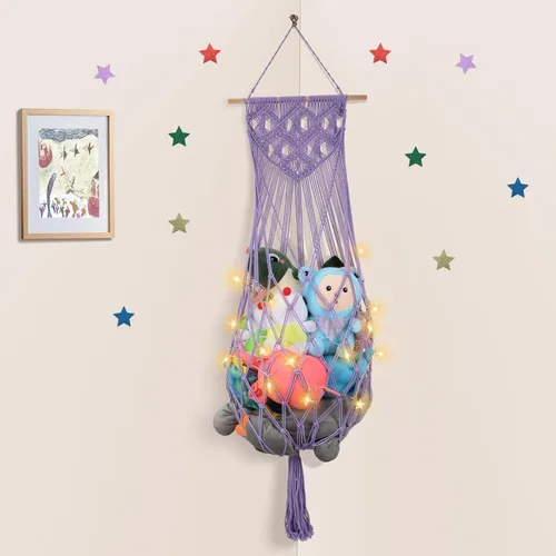 Vista 19 de Almacenamiento de Animales de Peluche de 68 Pulgadas, Hamaca Jumbo de Macramé para Animales de Peluche en Esquina, Hamaca Colgante de Pared y Techo