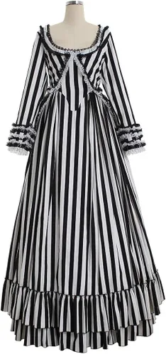Vista 2 de Sleepy Hollow Katrina Van - Vestido de disfraz con borlas, color blanco y negro a rayas