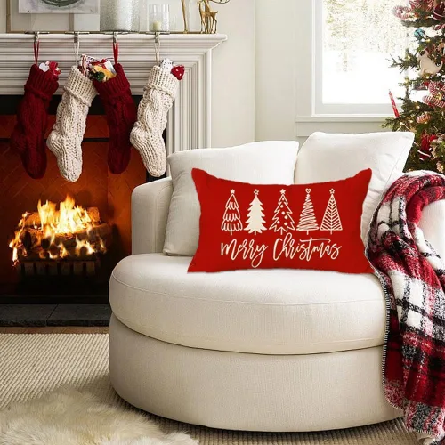 Vista 3 de RABUSOFA Fundas de almohada de Navidad de 12 x 20 pulgadas, almohadas decorativas de árbol de Navidad, fundas de cojín rojas de Navidad para Rojo