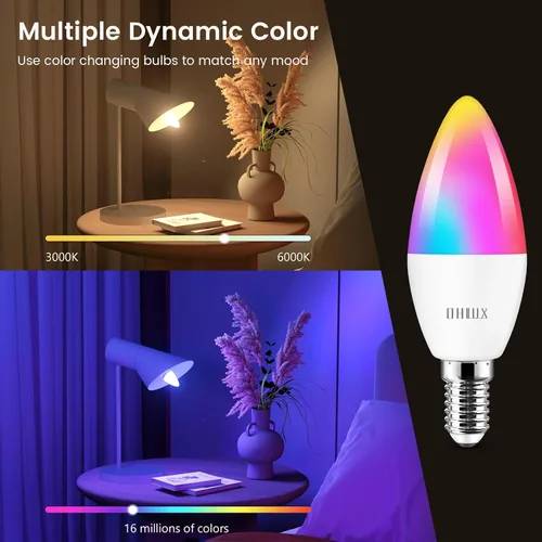 Vista 3 de OHLUX Bombilla LED E12, bombillas LED inteligentes para candelabros de 5 W, equivalente a 40 vatios, bombilla que cambia de color RGB compatible