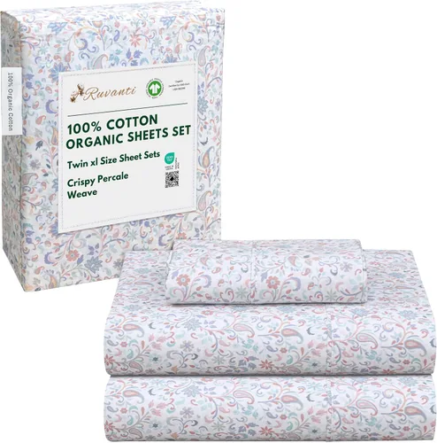 Vista 39 de RUVANTI Juego de sábanas de algodón orgánico 100% tamaño completo, tejido de percal, certificado GOTS, juego de 4 piezas, bolsillo profundo de 15