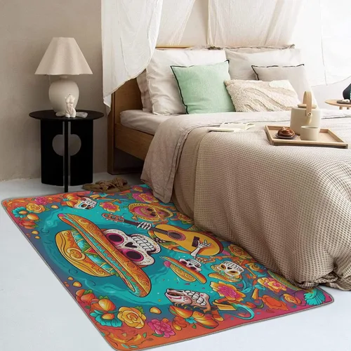 Vista 3 de Alfombra de Día de los Muertos de 2 x 3 pies, alfombra mexicana para entrada, alfombra de día de los muertos, decoración de habitación de niños