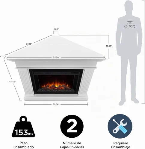 Vista 3 de Real Flame Kennedy Grand Corner Chimenea eléctrica con repisa para sala de estar o dormitorio, calentador reemplazable, efecto realista de troncos