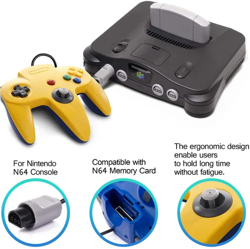 Vista 2 de Classic N64 Controller, miadore Rerto N64 Gaming Remote Gamepad Joystick for N64 Console Video Game System ( Yellow and Blue)