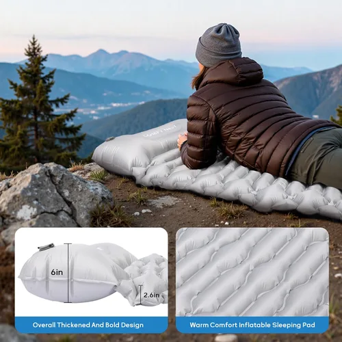 Vista 8 de Colchoneta de dormir para acampar con valor R de 4.8, alfombrilla de campamento ultraligera con almohada y bomba de pie integrada, colchoneta