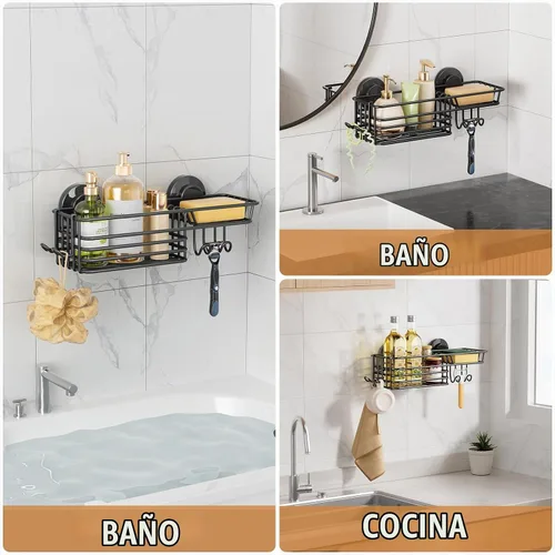 Vista 7 de LEVERLOC Organizador de ducha con ventosa, estante de baño con gancho y soporte para jabón 1 x negro