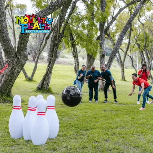Vista 7 de Novelty Place Juego de bolos gigante inflable para la familia, bola de 14 pulgadas y 6 pines de gran tamaño de 22 pulgadas, juego de patio inflable
