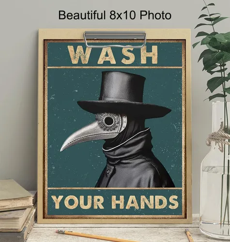 Vista 4 de Letrero de baño Plague Doctor Decor – Lávate tus manos arte gótico refranes divertidos, citas – cuervo cuervo espeluznante decoración de baño – Arte