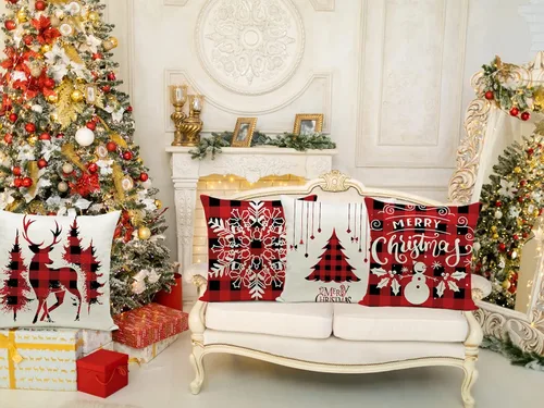Vista 7 de Hlonon Juego de 4 fundas de almohada navideñas de 16 x 16 pulgadas, fundas de cojín de la serie de Navidad, fundas de almohada cuadradas