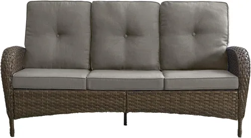 Vista 17 de Sofá de lujo para patio, sofá de mimbre para exteriores con cojines sonrientes de 6 pulgadas, respaldo alto, resistente, cómodo, mimbre marrón