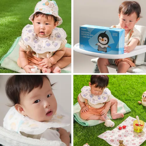 Vista 8 de Baberos desechables para babear, paquete individual de 24 para niños pequeños, ajustables con broches de presión, baberos de bebé de 10.24 x 11.02