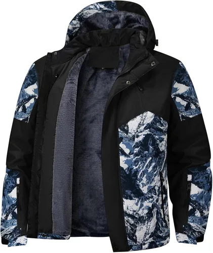 Vista 3 de FTIMILD Chaqueta de esquí impermeable para hombre de invierno, forro polar de alta visibilidad con capucha acolchada y diseño de patchwork