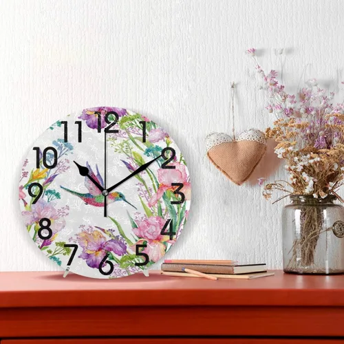 Vista 3 de Spring Hummingbird - Reloj de pared redondo con estampado de flores, 9.5 pulgadas, funciona con pilas, reloj de escritorio analógico silencioso