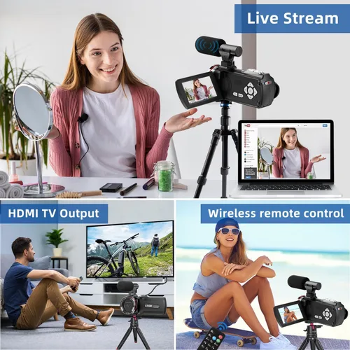 Vista 6 de Cámara de Video, Videocámara 4K, Cámara de 64MP 30FPS de Doble Lente con Micrófono Inalámbrico para Vlogging YouTube, Pantalla Ultra HD de 3