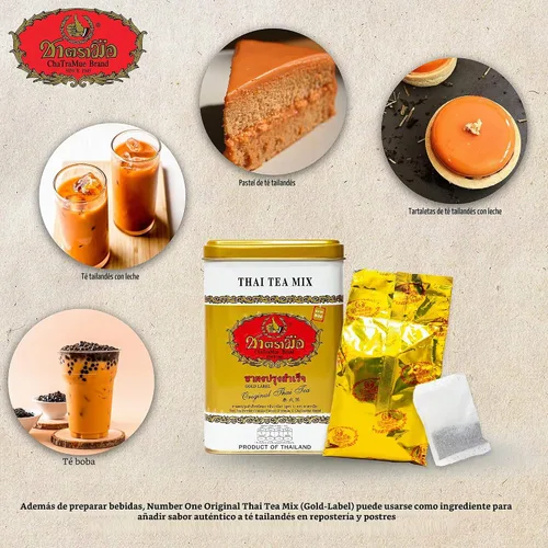 Vista 4 de Number One Original ChaTraMue Thai Tea Mix para té Boba, caliente y helado (50 bolsas de té con etiqueta dorada)