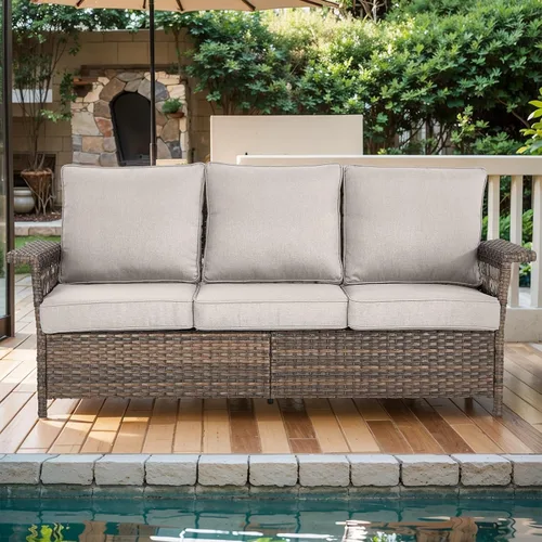 Vista 7 de HUMMUH Sofá de patio al aire libre – Sofá de mimbre de ratán para todo tipo de clima, sofá de 3 plazas al aire libre para terraza, porche, balcón