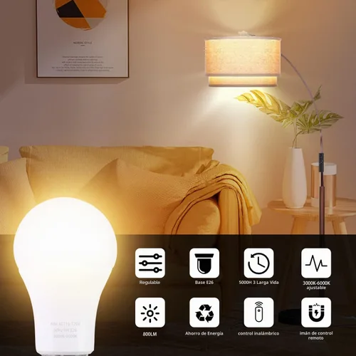 Vista 2 de Bombillas LED A19 con control remoto, 800LM 9W, bombillas LED equivalentes a 60 W, regulables continuas 3000K-6000K, base E26, CRI 80+, 2.4 GHz, más