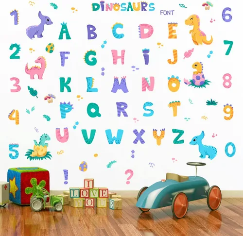 Vista 7 de Adhesivos de pared con alfabetos de dinosaurio, adhesivos de vinilo con números ABC, coloridos para aula, habitación de niños, sala