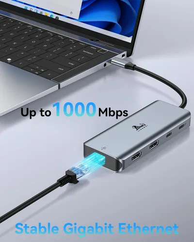 Vista 5 de LIONWEI Estación de acoplamiento para laptop 9 en 1, HDMI dual, 100 W PD, USB C 3.0, Ethernet, audio/micrófono, concentrador USB C para portátiles