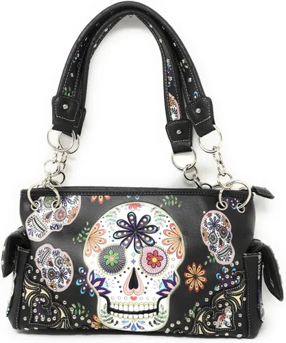 Vista 2 de Texas West Bolso de mano Flora Candy Skull para mujer y cartera a juego en 3