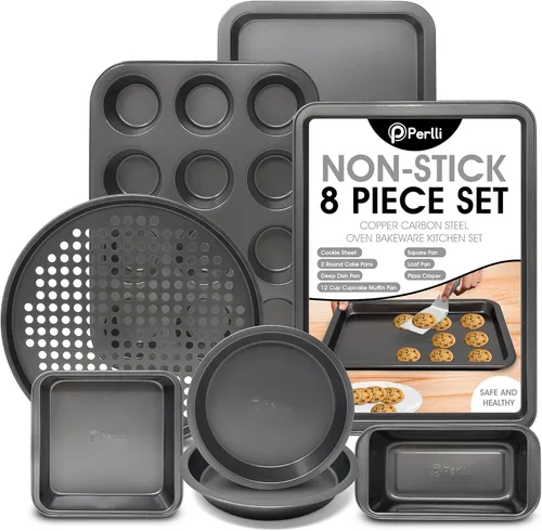 Vista 10 de Perlli Juego de 10 moldes para hornear antiadherentes de acero al carbono, gris para horno, 2 hojas de galletas, 2 moldes redondos para pasteles