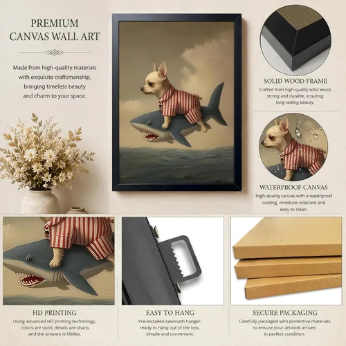 Vista 4 de Divertido arte de pared de tiburón montando chihuahua, impresión en lienzo enmarcada para baño de perro, decoración de pared de animales abstractos