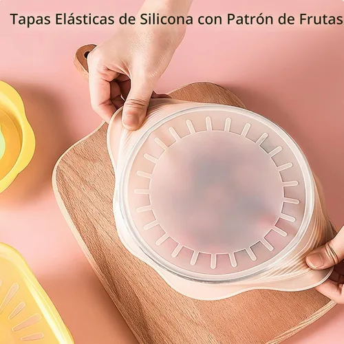 Vista 3 de Juego de tapas elásticas de silicona para almacenamiento de alimentos, diseño de frutas, fundas de silicona reutilizables de grado alimenticio