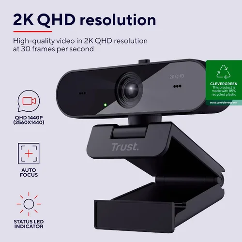 Vista 2 de Trust Cámara web Taxon 2K QHD hecha de 85% plástico reciclado, 2560 x 1440p USB cámara PC con cubierta, enfoque automático, gran angular, 2