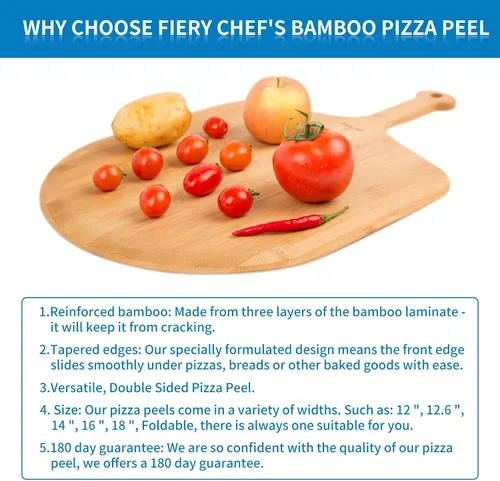Vista 6 de Fiery Chef Pala de pizza de bambú de 12 pulgadas, tabla de cortar de madera ligera y lisa con 8 ranuras para rebanadas, accesorios para horno