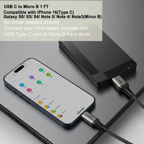 Vista 5 de Cable externo de disco duro USB C de 10 Gbps, cable corto micro B a USB C, cable de disco duro USBC USBC para WD Toshiba Westgate Seagate, SSD