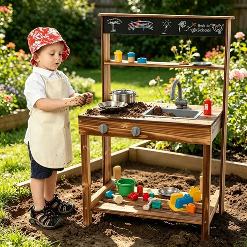 Vista 10 de Costzon Cocina de barro, cocina de juego al aire libre con fregadero, grifo, estufas y accesorios de cocina, estante de almacenamiento, carrito