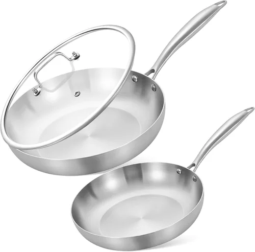 Vista 10 de Juego de sartenes de acero inoxidable tricapa Inqibee de 3 piezas con tapa, sartenes, juego de sartenes para cocinar por inducción, mango remachado