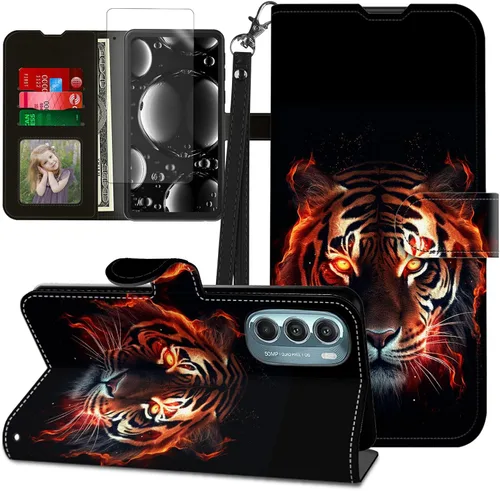 Vista 143 de Funda para Motorola Edge 2022 con protector de pantalla, soporte y tarjetero y correa para la muñeca, funda magnética para Moto Edge 2022 5G UW Lobo