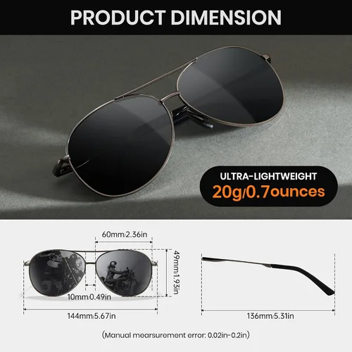 Vista 6 de Cyxus Lentes de sol de aviador para hombre, polarizados, protección UV400, lentes de sol militares piloto de moda para conducir senderismo 1489