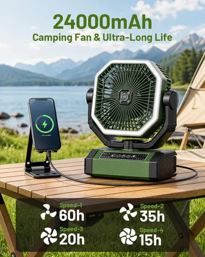 Vista 2 de Allsion Ventilador portátil de 24000 mAh alimentado por batería con control remoto y LED, flujo de aire fuerte de 4 velocidades, ventilador