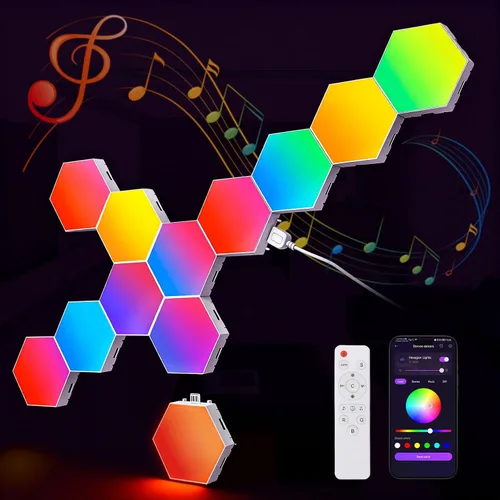 Vista 11 de NIUCOO Paneles de pared con luces LED hexagonales, luces RGB inteligentes para juegos con aplicación y sincronización de música, azulejos