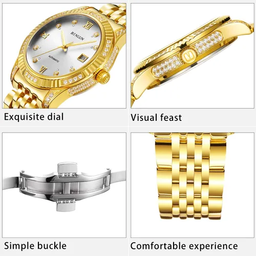 Vista 25 de BINLUN Reloj de pulsera para hombre, mecánico automático, reloj dorado con cuerda automática, elegante, chapado en oro de 18 quilates, relojes