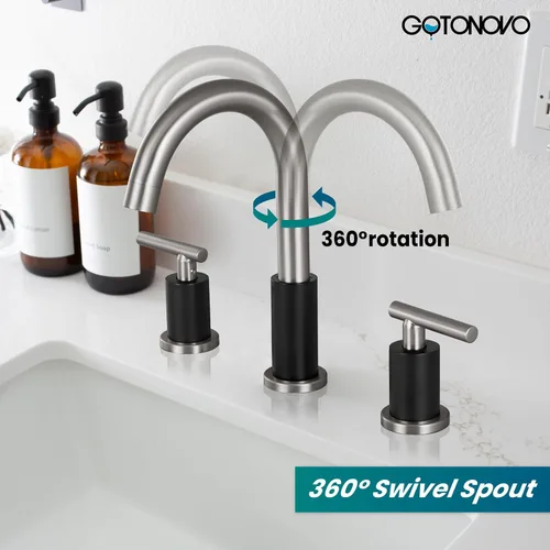 Vista 4 de gotonovo Grifo de Lavabo de Baño de 3 Orificios 2 Manijas con Desagüe Emergente con Válvulas Mezcladoras de Agua Caliente y Fría Grifo de Baño Negro