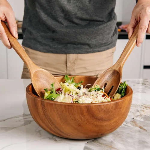 Vista 4 de Naturoom Servidores de ensalada de madera de acacia, utensilios de madera de 10 pulgadas para cocinar y cocina, juego de 2