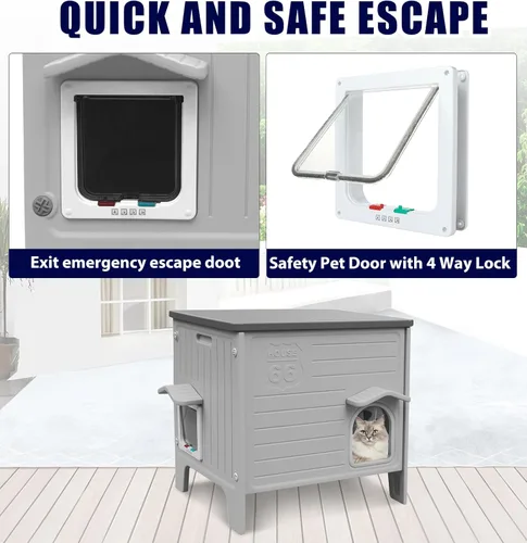Vista 2 de Casa de Plástico para Gatos para Exteriores e Interiores, Casas para Gatos Ferales con Puerta de Escape, Casa Impermeable para Gatos para Exteriores