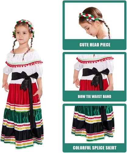 Vista 5 de Megartico Vestido largo tradicional mexicano de Halloween para niñas, disfraz clásico de baile