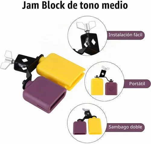 Vista 3 de RANMING - Bloque de plástico para atascos, doble campana de sambago, escenario y banda, amarillo-morado Juego de percusión de cencerro latino