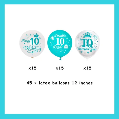 Vista 6 de Globos de cumpleaños número 10, paquete de 45 decoraciones de cumpleaños de dos dígitos, color turquesa, juego de globos de látex azul y blanco