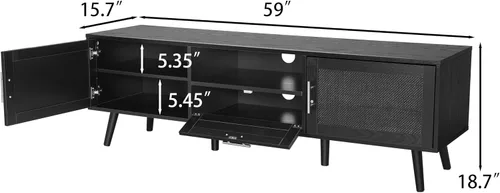 Vista 2 de Finnhomy Soporte de TV bohemio de 59 pulgadas para TV de hasta 70 pulgadas, consola de TV con 2 puertas decoradas de ratán hechas a mano, mesa de TV