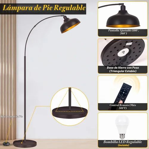 Vista 3 de Lámparas de pie de arco bronce, lámparas de pie para sala de estar con control remoto, interruptor de pie, pantalla de metal, lámpara de pie